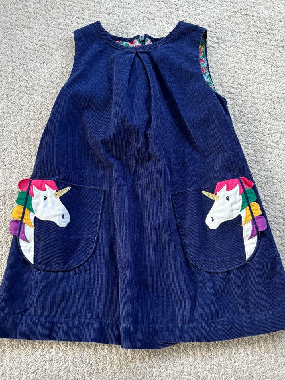 Mini Boden Navy Corduroy Dress with Rainbow Unicorn Pockets